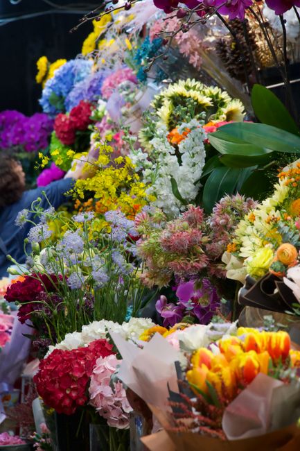 A vibrant display of fresh flowers at a market stall, including bright yellow daffodils, pink hydrangeas, purple asters, white daisies, and orange tulips, arranged in various bouquets and bunches. The