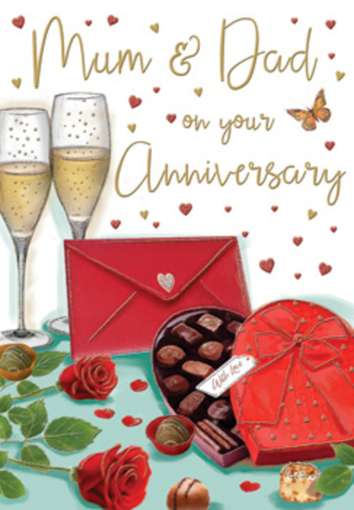 Atmospheric anniversary card illustration that feels like a captured moment before the celebration begins, reminiscent of a cosy supper for Mum and Dad in Bickley. In the foreground, two radiant red roses lie gently against a smooth surface, each bloom full and velvety, with petals layered in soft spirals that look almost three-dimensional. Rich green leaves frame the flowers, their edges slightly curled, adding movement and a natural, garden-fresh feel. Next to the roses, a striking heart-shaped chocolate box in deep red takes pride of place. The lid is propped open, revealing a neat display of glossy chocolates nestled in dark little cups, each one distinct in shape and finish. A wide, satin red bow decorates the top, its ribbons folded in generous, sculptural loops that cast subtle shadows, hinting at soft indoor lighting. Slightly behind, a pair of tall, clear champagne flutes stand close together like companions, filled with sparkling golden champagne. Fine bubbles rise inside each glass, catching the light as if illuminated by the glow from nearby windows looking out over the trees of Bickley and Bromley. Around this central arrangement drift small hearts in warm gold and deep crimson, some overlapping, some fading gently into the background, creating a frame for the hand-lettered words Mum & Dad, which curve affectionately across the top of the scene. A scarlet envelope lies in the foreground, its surface smooth and its flap sharply defined, hinting at tender wishes written inside. With its harmonious palette of ruby red, gold, and soft cream, the card radiates a sense of long-standing love, thoughtful celebration, and the simple joy of marking another shared year together.