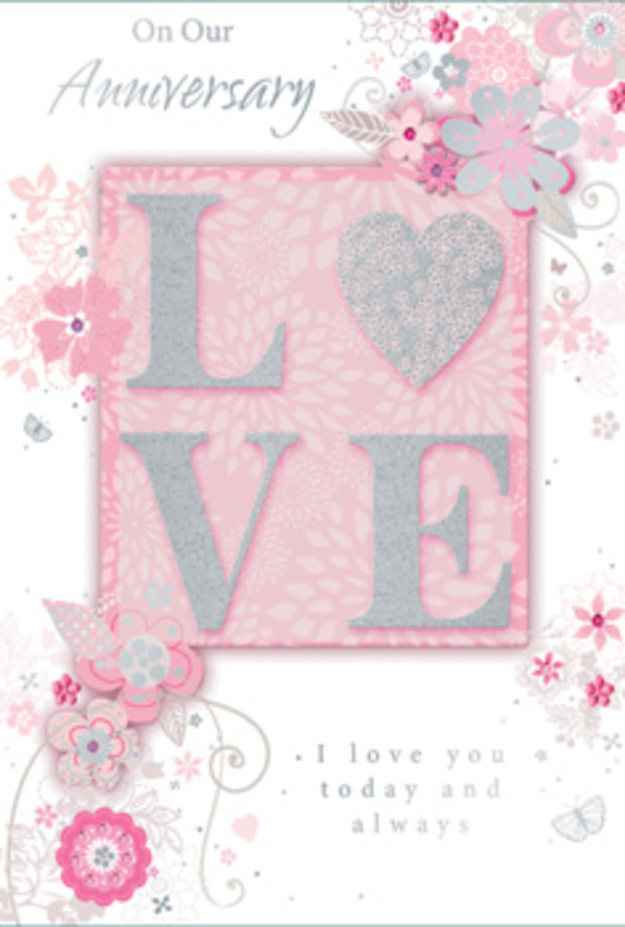 This anniversary card radiates a gentle, sunlit warmth, calling to mind an intimate celebration in a Bickley home adorned with soft flowers and cherished photographs. At its heart, the design features the word LOVE, spelled out in prominent, raised letters that are kissed with frosted glitter. The glitter is fine and restrained, shimmering in pale silver and blush tones that glint when the card tilts in the light, creating an inviting, tactile experience. These luminous letters rest on a rectangular blush panel, slightly inset from the rest of the card, giving the sense of a carefully framed centrepiece, much as a florist might cluster key blooms in the centre of an arrangement. Flowing out from this focal point are wispy, hand-drawn blooms and airy sprays of foliage. The flowers, rendered in shades of pink, lilac-grey, and ivory, are outlined with delicate, almost calligraphic strokes, then softened with subtle shading that hints at layers of petals. Fine filigree lines curl between the blossoms, while tiny leaves and almost-hidden butterflies add a quiet sense of movement, like a gentle breeze through gardens near Bickley station. The background itself is a soft, powdery pink, supporting the design without overwhelming it, and lending the entire card a dreamy, romantic atmosphere. Nestled within and around the central motif is a tender message-I love you today and always-set in graceful, understated type that mirrors the curves of the floral artwork. The card feels less like a simple greeting and more like a paper bouquet, a piece of floral artistry that pairs beautifully with fresh anniversary flowers delivered locally in Bickley, capturing the enduring affection of a long-shared life.