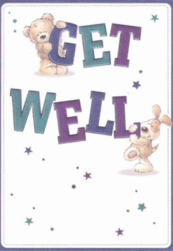 A haven of comfort and optimism, this get well card conjures memories of cheerful Bickley mornings and heartfelt kindness. Centered are two whimsical companions: a dearly drawn teddy bear, with fluffy, touchably soft fur, and a cheerful puppy, its floppy ears painting a playful curve. Both lean lovingly on the bold letters of 'GET WELL'-the vivid purples and teals of the wording echo the bespoke touch of bouquets prepared at Bickley Flowers. Scattered starbursts, in shades of deep blue and gentle violet, decorate the clean background, their lightness mirroring the hopeful spirit found in community events at Bickley Park. The illustration's tender style invites a smile, communicating the silent strength a caring gesture can bring. This card's warmth is palpable-each expressive line and soft curve carries the emotional presence of a companion bouquet, offering gentle reassurance and a heartfelt wish for speedy recovery within the close-knit streets of Bickley.
