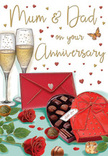 Warm, romantic anniversary card design that looks like a lovingly prepared display for parents celebrating their years together in Bickley. At the heart of the illustration are two sumptuous red roses, set low across the scene, their petals richly layered and slightly ruffled at the edges, giving the impression of freshly cut blooms just arranged by a skilled florist. Surrounding them are glossy, deep green leaves that add contrast and a sense of natural abundance. To one side, an open heart-shaped box of chocolates in vibrant crimson commands attention. The lid, hinged back, displays an elegant red satin bow, tied with generous loops and soft folds, creating highlights and shadows that suggest a warm indoor glow. Inside the box, an assortment of chocolates sits in precise rows, their smooth tops shining slightly, inviting thoughts of shared treats after dinner. Behind this, two tall champagne flutes stand side by side, slim and graceful, stems long and clear. They are filled with pale golden champagne, threaded with tiny, rising bubbles that seem to dance in the light, echoing the happy clink of a toast in a Bickley front room overlooking quiet, tree-lined roads. Around the main objects, playful red and gold hearts float gently, some clustered near the top where the hand-lettered message Mum & Dad curves softly across the card. In the foreground, a deep red envelope, perfectly closed, lies at a slight angle, suggesting a handwritten note brimming with affection. The card's palette of ruby tones, warm gold, and soft cream creates an atmosphere of intimacy, indulgence, and enduring love, capturing the spirit of an anniversary celebrated with simple yet heartfelt touches.